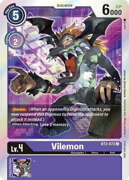 The Digimon card "Vilemon [BT2-072] (Event Pack 1) [Release Special Booster Promos]" showcases a dragon-like creature with green skin, black wings, sharp claws, and red eyes. This Promo card is surrounded by a colorful aura, has a cost of 5, is at level 4 with DP of 6000, and includes special abilities such as Blocker.