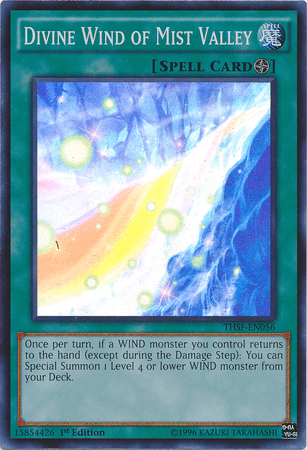 A "Yu-Gi-Oh!" spell card titled "Divine Wind of Mist Valley [THSF-EN056] Super Rare." The card depicts a magical, ethereal scene with swirling blue and white winds amidst a misty background. As part of *The Secret Forces*, it explains that once per turn, if a WIND monster returns to the hand, a Level 4 or lower WIND monster can be summoned.