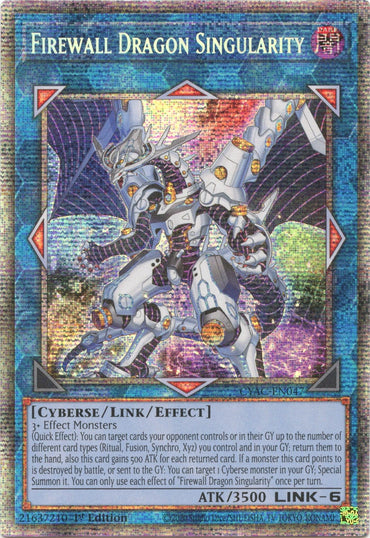 The image showcases a "Firewall Dragon Singularity [CYAC-EN047] Starlight Rare" Yu-Gi-Oh! trading card from the Cyberstorm Access set. The card, a Starlight Rare, has holographic text and features a mechanical, dragon-like creature with metallic wings and blue energy accents. It's a Link monster with 3500 ATK, requiring 3+ Effect Monsters for summoning.