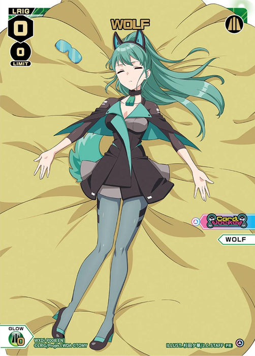 Card from the "WIXOSS" game by TOMY featuring LRIG character "WOLF (WXDi-P008) [Promo Cards]." The green-haired girl with wolf ears and tail is sleeping on her back, wearing a teal and black outfit with matching thigh-high stockings. Various icons, including the card's rarity marking it as one of the promo cards, are visible around the card.