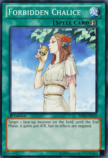 A Yu-Gi-Oh! trading card titled "Forbidden Chalice [BP02-EN155] Common" from Battle Pack 2: War of the Giants. The card features a woman in a white dress and flower crown, holding a chalice under a tree. This Quick Play Spell card boosts a targeted monster's ATK by 400 until the End Phase, but its effects are negated.