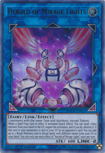 The image shows the Yu-Gi-Oh! trading card "Herald of Mirage Lights [DUOV-EN011] Ultra Rare" from the Duel Overload set. It depicts a winged, angelic, glowing figure in armored attire against a radiant background. This Ultra Rare card highlights its Fairy/Link/Effect type, 600 attack power, and summoning method. The card's text effect is also visible.