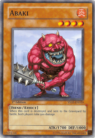 A Yu-Gi-Oh! trading card featuring Abaki [YSDS-EN020] Common, a fiend-type Effect Monster from the Starter Deck: Syrus Truesdale. Abaki is depicted as a muscular, red-skinned creature with yellow eyes, sharp teeth, and spiked armor. It holds a spiked club. The card has 1700 attack points and 1000 defense points and boasts a special