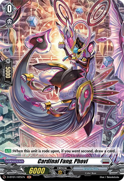 A digital artwork featuring the card "Cardinal Fang, Phovi (D-BT01/H25EN) [Genesis of the Five Greats]" from the game Cardfight!! Vanguard by Bushiroad. The armored, futuristic-looking humanoid boasts glowing accents and geometric shapes, wielding a scepter amidst ethereal effects. Text below includes details and stats.