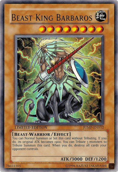 This Yu-Gi-Oh! Ultra Rare card, Beast King Barbaros [JUMP-EN032], showcases a powerful warrior with a lion-like mane and armored physique, brandishing an immense sword. As an Effect Monster boasting 3000 ATK and 1200 DEF, it offers the ability to summon without tributing. This Limited Edition treasure is included in the Shonen Jump Magazine Promos series.