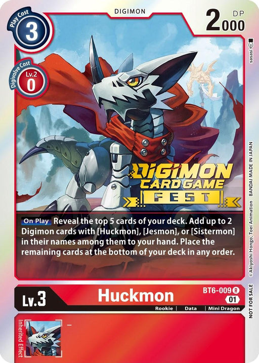 A blue and white wolf-like creature, Huckmon, stands in a confident pose on this Digimon card. Wearing a red scarf and with sharp, yellow eyes, this Rookie level Mini Dragon has a play cost of 3 and 2000 DP. This Promo card from the Double Diamond Promos further enhances your collection. Introducing Huckmon [BT6-009] (Digimon Card Game Fest 2022) [Double Diamond Promos], brought to you by Digimon.