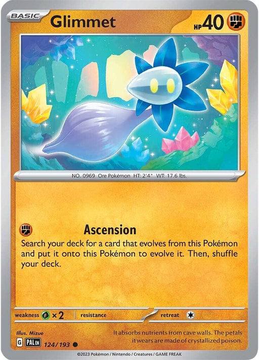 A Pokémon trading card featuring a creature named Glimmet with 40 HP. It's depicted as a floating blue flower with yellow eyes, amidst glowing crystals. Its attack is "Ascension." The illustration is by Mizue, and it's card number 124 out of 193 from the Scarlet & Violet: Paldea Evolved series.

Product: Glimmet (124/193) [Scarlet & Violet: Paldea Evolved]

Brand Name: Pokémon