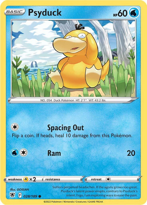 A Pokémon trading card featuring Psyduck (028/189) [Sword & Shield: Astral Radiance] from the Pokémon set. This Water Type, yellow duck-like Pokémon stands at a river's edge, holding its head with both hands. The card shows its stats: HP 60, Basic type, and two moves: Spacing Out and Ram. The background includes green foliage and a blue sky.