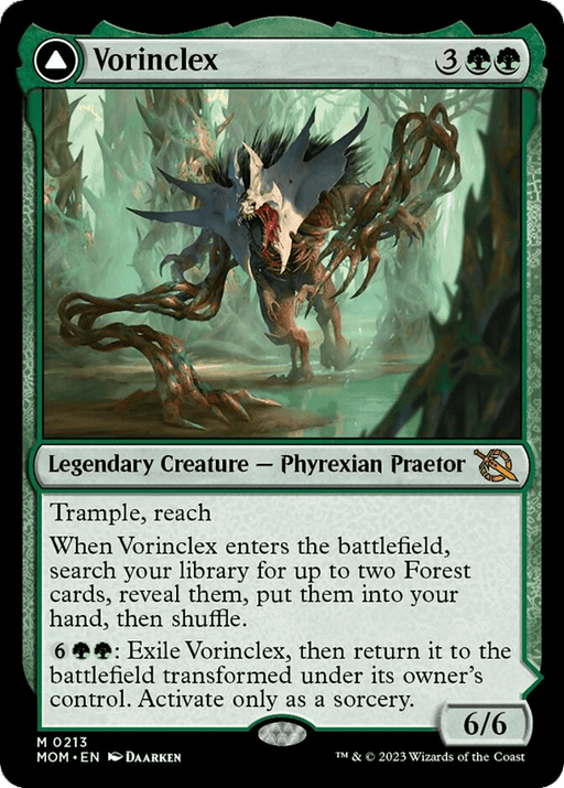 A Magic: The Gathering card featuring Vorinclex // The Grand Evolution [March of the Machine], a Legendary Creature and Phyrexian Praetor. The card costs 3 generic and 2 green mana, has a power and toughness of 6/6, trample, and reach. It boasts abilities related to searching for Forest cards and transforming. The card number is 213.