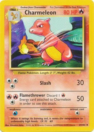 A Pokémon [Charmeleon (24/102) [Base Set Unlimited]] trading card featuring Charmeleon with 80 HP from the Base Set Unlimited. The card shows a striking illustration of the uncommon, red, dinosaur-like creature with a fire tail. It lists two attacks: "Slash" with 30 damage and "Flamethrower" with 50 damage, requiring discarding 1 Energy card. The bottom includes card details and illustrations.