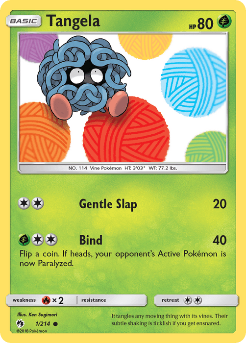 A Tangela (1/214) [Sun & Moon: Lost Thunder] Pokémon card from the Sun & Moon set. Tangela, a blue vine Pokémon with red eyes and black face, is illustrated with colorful balls of yarn behind it. This Grass-type card has 80 HP and features the moves "Gentle Slap" and "Bind." It is common card number 1/214. Weakness: Fire x2. No resistance.