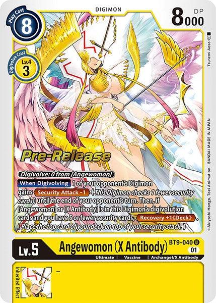 Image depicts the Digimon trading card Angewomon (X Antibody) [BT9-040] [X Record Pre-Release Promos] from the Digimon card game. The card, marked as a Pre-Release Promo, is a Level 5 yellow card with a play cost of 8 and 8000 DP. It features intricate illustrations of Angewomon adorned in golden armor and wings and bears the 