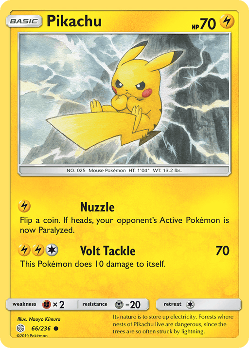 A Pokémon trading card from the Sun & Moon: Cosmic Eclipse series featuring Pikachu (66/236) [Sun & Moon: Cosmic Eclipse]. The card has a yellow border with "Pikachu" written at the top. Pikachu is depicted rolling in a defensive ball with an intense lightning background. Details include height, weight, and abilities "Nuzzle" and "Volt Tackle," along with its HP of 70.