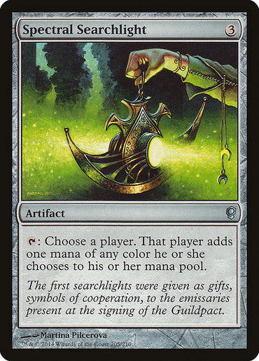 The image is a Magic: The Gathering card from the Conspiracy set titled "Spectral Searchlight." This artifact, which costs 3 mana to cast, features a mystical metallic object emitting a glowing light, held by a hand. Below the image is game text explaining its ability. The artist of this card is Martina Pilcerova.