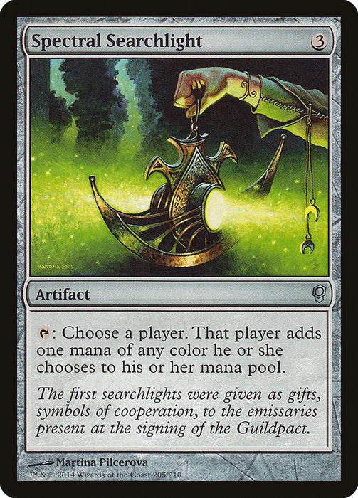 The image is a Magic: The Gathering card from the Conspiracy set titled "Spectral Searchlight." This artifact, which costs 3 mana to cast, features a mystical metallic object emitting a glowing light, held by a hand. Below the image is game text explaining its ability. The artist of this card is Martina Pilcerova.