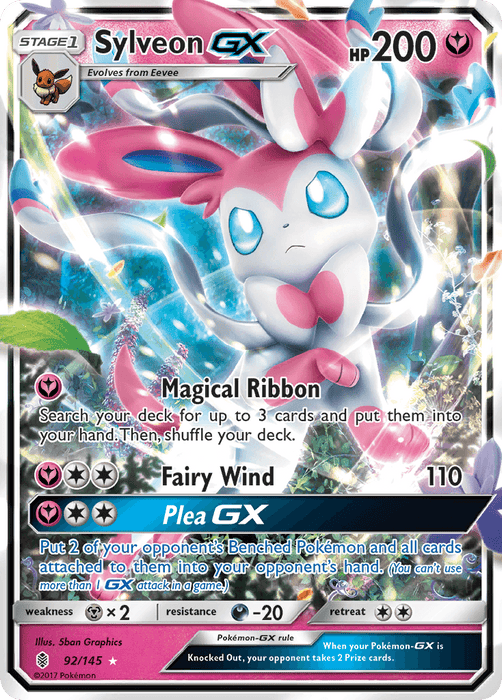 A Sylveon GX (92/145) [Sun & Moon: Guardians Rising] card from the Pokémon series. This Ultra Rare card boasts 200 HP and notable attacks: "Magical Ribbon," "Fairy Wind," and "Plea GX." Illustrated by 5ban Graphics, the holographic beauty shows Sylveon surrounded by colorful, fairy-like ribbons.