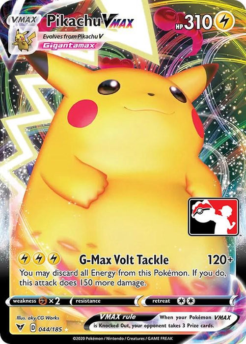 A Pokémon product featuring Pikachu VMAX (044/185) [Prize Pack Series One], labeled as a Gigantamax form, from the Ultra Rare Prize Pack Series One. The card details show it has 310 HP and an attack named G-Max Volt Tackle that causes 120+ damage with additional effects. Pikachu is shown in a dynamic, vibrant pose with lightning-themed background elements.