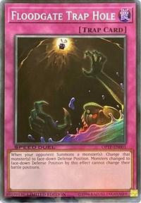 A Yu-Gi-Oh! Super Rare Trap Card titled "Floodgate Trap Hole [OPTP-EN001]" with a purple border. The artwork depicts monstrous green hands emerging from a multicolored, swirling pit beneath a chess piece showing the number 12. The card's effect text is partly visible at the bottom on the purple background.