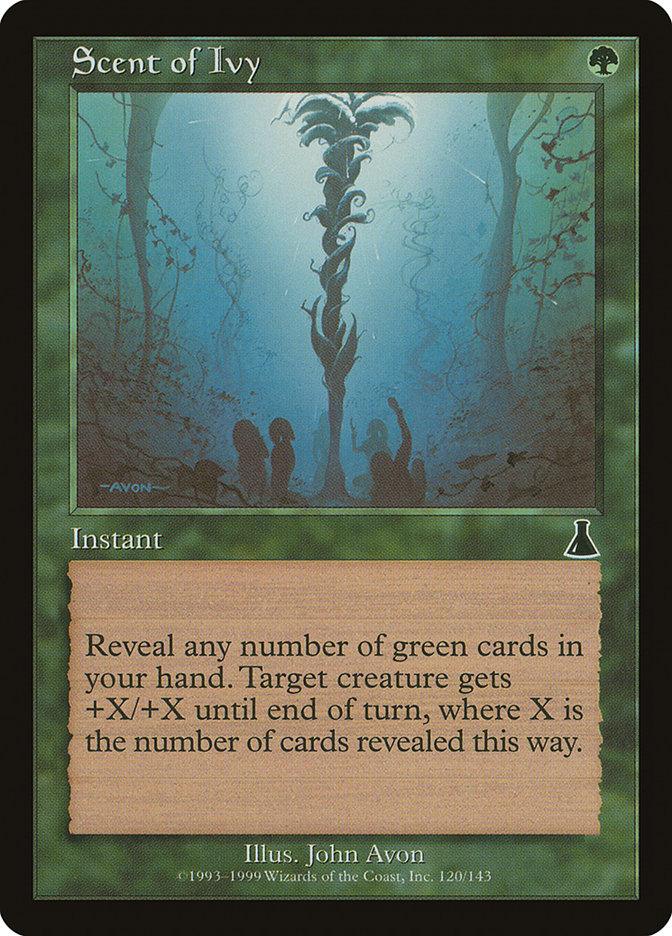 A Magic: The Gathering product named Scent of Ivy [Urza's Destiny]. The illustration by John Avon shows an ivy plant with bluish-green leaves silhouetted against a moonlit sky. Text reads: 