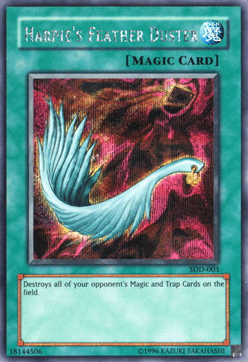 A Yu-Gi-Oh! card titled "Harpie's Feather Duster [SDD-003] Secret Rare" with a teal border and the label "[MAGIC CARD]" at the top. The card illustration showcases a feathery, wing-like object emitting a sparkling aura against a dark pink and black background. The text box reads, "Destroys all of your opponent's Magic and Trap Cards on the field.