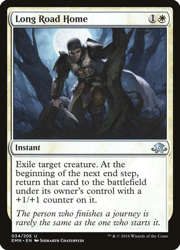 A Magic: The Gathering card from Eldritch Moon, "Long Road Home [Eldritch Moon]" from Magic: The Gathering, costs 1 white mana and 1 colorless mana. The illustration features a man wielding a sword, wrapped in a tattered cloak, emerging from a dark, rocky landscape. This instant's text reads: exile target creature, then return it with a +1/+1 counter.