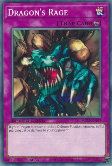 The Yu-Gi-Oh! card "Dragon's Rage [SGX3-ENB17] Common" features a purple border and is classified as a Continuous Trap Card. The image showcases a fierce dragon breaking through a rocky barrier. The card's text states: "If your Dragon monster attacks a Defense Position monster, inflict piercing battle damage to your opponent.