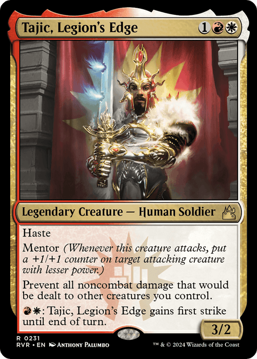 A Magic: The Gathering product named "Tajic, Legion's Edge [Ravnica Remastered]" from the brand Magic: The Gathering. This Legendary Creature card costs one red, one white, and one generic mana. It features a powerful Human Soldier with 3 power and 2 toughness. Its abilities include Haste, Mentor, and preventing noncombat damage to other controlled creatures.