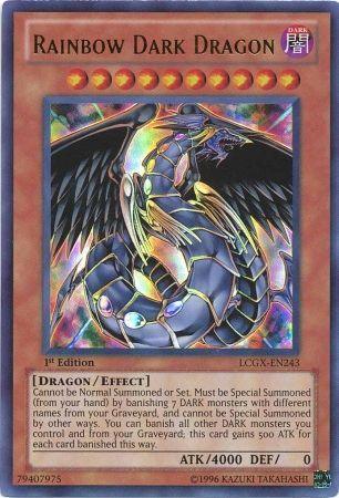 The "Yu-Gi-Oh!" trading card, Rainbow Dark Dragon [LCGX-EN243] Ultra Rare, features a blue and gold dragon adorned with rainbow-colored crystals. This 1st Edition card showcases the dragon with its wings spread out, exhibiting intricate details along with its stats: ATK/4000 and DEF/0. The card's text box describes the effect that allows it to be Special Summoned.