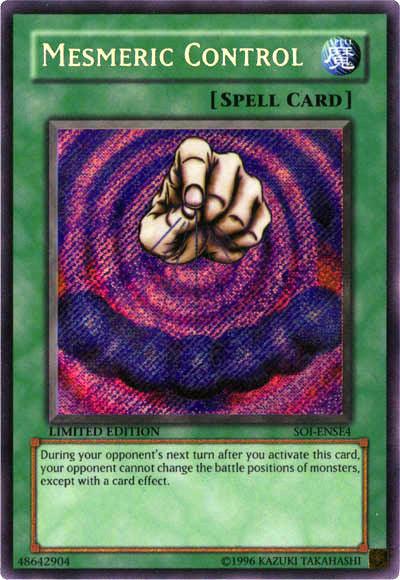 A Yu-Gi-Oh! spell card titled "Mesmeric Control [SOI-ENSE4] Secret Rare." This Normal Spell, part of the Shadow of Infinity series, features a hypnotic spiral background with a hand extending a finger towards the viewer. A Secret Rare limited edition (SOI-ENSE4), it prevents your opponent from changing battle positions without a card effect. Series number: 48642904; © Kazuki Tak