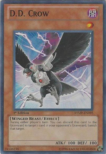 The Yu-Gi-Oh! card "D.D. Crow [RYMP-EN095] Super Rare" features a black crow with a metallic arm and red eye against a stormy backdrop. It can banish an opponent's card from the Graveyard. With 100 ATK, 100 DEF, and DARK attribute icon, it's framed by a brown border.