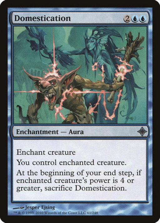 Magic: The Gathering card titled "Domestication [Rise of the Eldrazi]" showcases an enchantment aura. A magical blue figure wields glowing red vines to control a goblin. The card text details controlling and potentially sacrificing the enchanted creature if its power is 4 or greater.