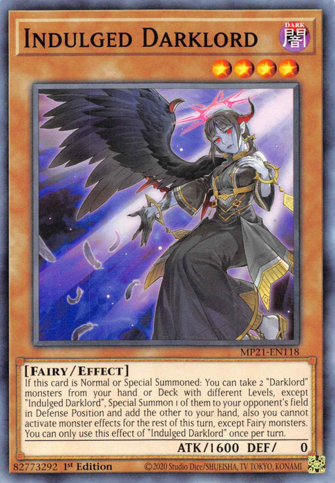 Image of a Yu-Gi-Oh! trading card named "Indulged Darklord [MP21-EN118] Common," an Effect Monster. The card features a dark, winged fairy with white and gold armor, surrounded by a purple aura. Its text details summoning effects and its ability to restrict the opponent's monster effects, making it a key piece among Darklord monsters.