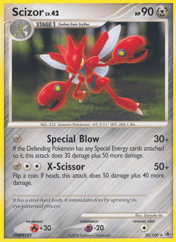 The Scizor (29/100) [Diamond & Pearl: Majestic Dawn] trading card from the Pokémon brand features Scizor, a red, insect-like Metal Pokémon with pincers. It has 90 HP and is labeled as Level 42. The card lists two abilities: 