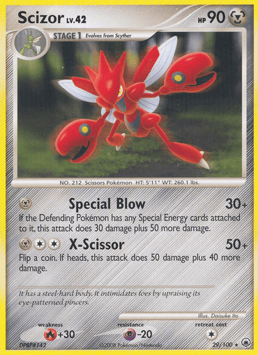 The Scizor (29/100) [Diamond & Pearl: Majestic Dawn] trading card from the Pokémon brand features Scizor, a red, insect-like Metal Pokémon with pincers. It has 90 HP and is labeled as Level 42. The card lists two abilities: "Special Blow" and "X-Scissor." Illustrated by Daisuke Ito, it has a silver background with Scizor in an action pose.