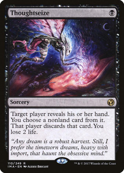 The "Thoughtseize [Iconic Masters]" Magic: The Gathering card, a rare sorcery from the Iconic Masters set, features artwork by Aleksi Briclot. It depicts a dark, surreal scene where a monstrous figure with wings and elongated limbs hovers over a terrified, prone figure. Text reads: "Target player reveals his or her hand. You choose a nonland card from it. That player