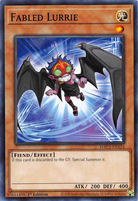 Fabled Lurrie [HAC1-EN124] Common is an Effect Monster trading card from the Yu-Gi-Oh! series, featuring a flying fiend-like creature with large bat wings, a colorful mask, and clawed hands. The creature appears against a blue, swirling background. With an attack power of 200 and defense power of 400, it's part of the Hidden Arsenal set.