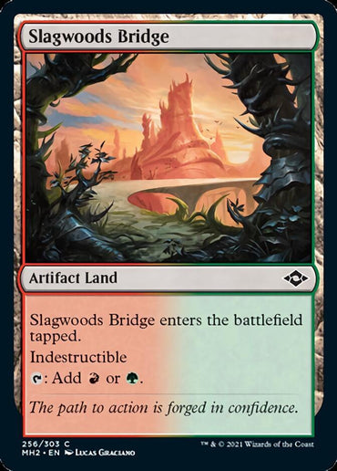 Magic: The Gathering product "Slagwoods Bridge [Modern Horizons 2]" depicts a bridge framed by thorny branches, leading to rocky formations under an orange sky. This indestructible artifact land enters the battlefield tapped and generates red or green mana.