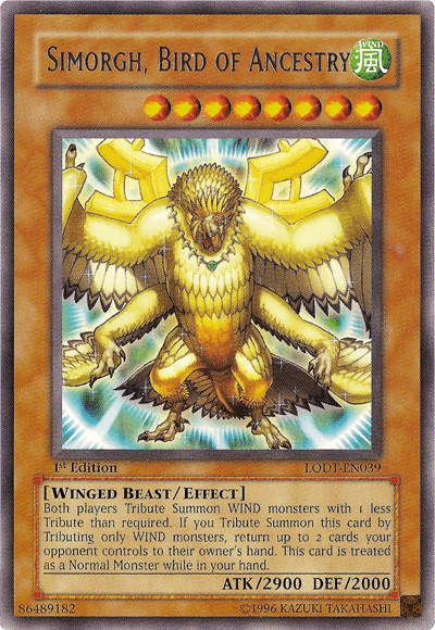 The image shows a "Yu-Gi-Oh!" trading card named "Simorgh, Bird of Ancestry [LODT-EN039] Rare." It depicts a large, golden bird with intricate feather details and outstretched wings. As an Effect Monster, the card text explains its special Tribute Summon effects for WIND monsters. It has 2900 ATK and 2000 DEF.
