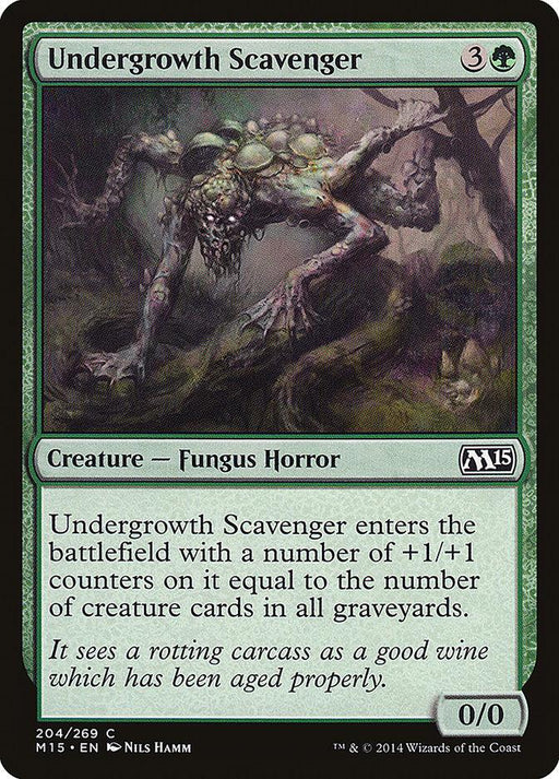 The image shows a Magic: The Gathering product named "Undergrowth Scavenger [Magic 2015]" from the Magic 2015 set. This green Creature - Fungus Horror requires 3 colorless and 1 green mana. With 0/0 power/toughness, it enters the battlefield with +1/+1 counters equal to the number of creatures in all graveyards. The illustration depicts a monster.