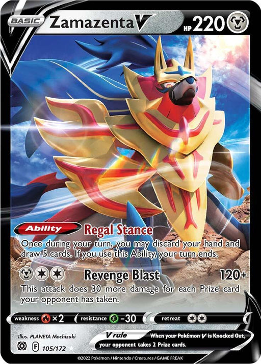 A Pokémon card featuring Zamazenta V (105/172) [Sword & Shield: Brilliant Stars] from the Pokémon series. Zamazenta is depicted in a dynamic pose with red, yellow, and blue armor. This Ultra Rare card boasts 220 HP, an ability called Regal Stance, and an attack named Revenge Blast. The bottom section displays artist details, number 105/172, and relevant symbols.