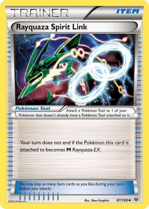 Image of a Pokémon trading card called "Rayquaza Spirit Link (87/108) [XY: Roaring Skies]." This Uncommon Item card from the 2015 Roaring Skies collection features an illustration of Rayquaza surrounded by two linked, glowing rings. The card's text describes its effect when attached to a Pokémon.