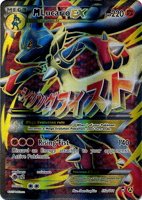 A Pokémon trading card featuring M Lucario EX (55a/124) (Alternate Art Promo) [XY: Furious Fists] with 220 HP from the Furious Fists series. The Fighting type card has a holographic design with a dynamic illustration of MLucario in blue and gold. The attacks listed are "Rising Fist" with a damage of 140. This Promo card is number 55 out of 111, illustrated by 5ban Graphics.
