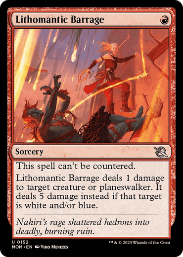 A Lithomantic Barrage [March of the Machine] Magic: The Gathering card. The uncommon card features dynamic artwork of a red-haired warrior casting a fiery spell, causing havoc with red energy. This red sorcery deals increased damage to white or blue targets. Text and Wizards of the Coast logos are present.