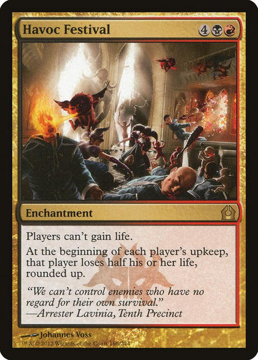 Magic: The Gathering card "Havoc Festival [Return to Ravnica]" is a Rare Enchantment that depicts a chaotic scene with demons in a grand hall. It has a red and black border and costs 4 colorless, 1 black, and 1 red mana. This card restricts life gain and forces players to lose half their life at each upkeep.