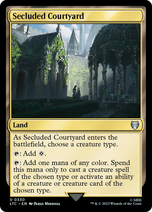 A "Secluded Courtyard [The Lord of the Rings: Tales of Middle-Earth Commander]" Magic: The Gathering card. As a Land type, it showcases a serene, overgrown courtyard with gothic architecture in the backdrop. Its abilities include tapping for 1 colorless mana or one mana of any color chosen for a specific creature type, perfect for your Commander deck.