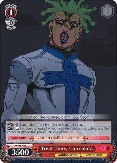 A trading card features a muscular green-haired character with multiple tattoos on his face and neck, reminiscent of JoJo's Bizarre Adventure. He has a stern expression and is wearing a blue outfit. The card from Golden Wind showcases various stats, including abilities and boosts, with "Treat Time, Cioccolata (JJ/S66-E062 C) [JoJo's Bizarre Adventure: Golden Wind]" at the bottom from Bushiroad.