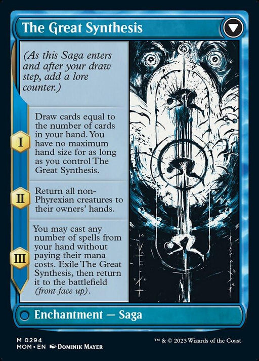 A Magic: The Gathering card titled "Jin-Gitaxias // The Great Synthesis (Showcase Planar Booster Fun) [March of the Machine]." This Mythic Rarity Enchantment - Saga card features three acts. The artwork depicts a blue-toned abstract image with swirling patterns. It has stages I, II, and III with corresponding abilities and game effects written on it.