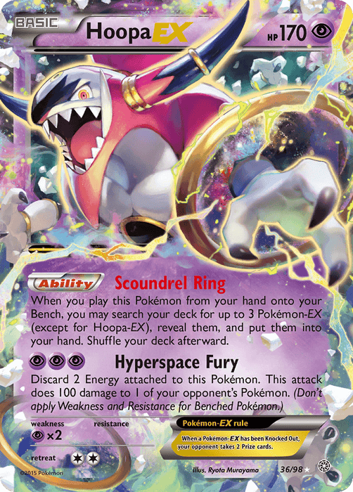 A Pokémon trading card featuring the Ultra Rare Hoopa EX (36/98) [XY: Ancient Origins] from Pokémon. The card displays a vibrant illustration of Hoopa surrounded by multicolored psychic energy rings. It has 170 HP and two attacks: "Scoundrel Ring" and "Hyperspace Fury." The bottom right shows card series information and illustrator details.