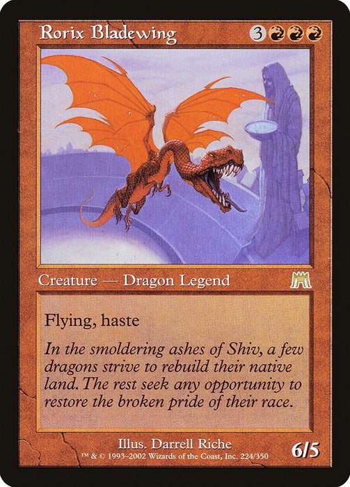 A Magic: The Gathering card titled "Rorix Bladewing [Onslaught]" from the Onslaught set. This Legendary Creature features a red-winged dragon flying over a stone structure with a statue. Text reads: "Flying, haste." A lore snippet about dragons in Shiv is included. Casting cost is 3 red and 3 generic mana. Power/Toughness is 6/5.
