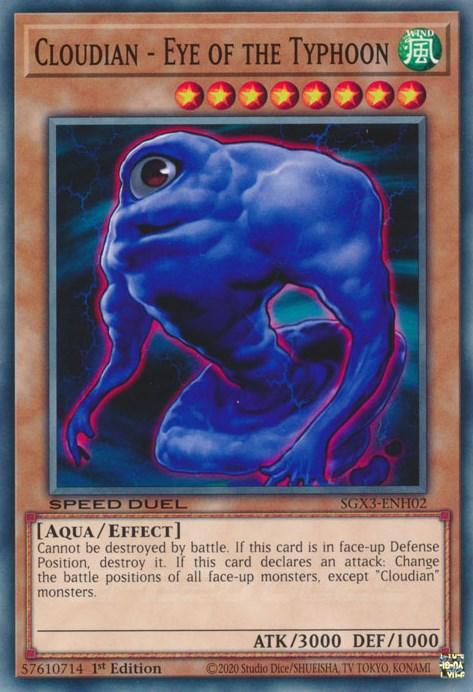 An image of the "Cloudian - Eye of the Typhoon [SGX3-ENH02] Common" Yu-Gi-Oh! trading card. The card features a muscular, blue creature with a large, singular eye on its head. As an Effect Monster, it has various stats and game text including its Aqua/Effect type and formidable attack points of 3000 and defense points of 1000.